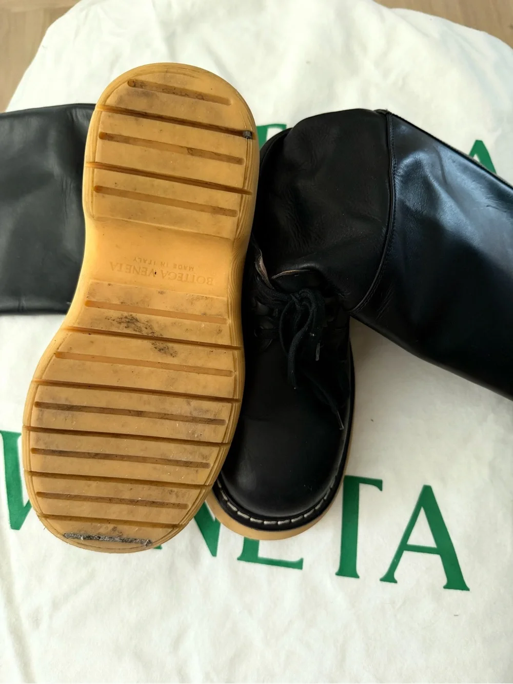 Bottega Veneta Black Leather Tall Lace-Up Boots with Tan Platform Sole